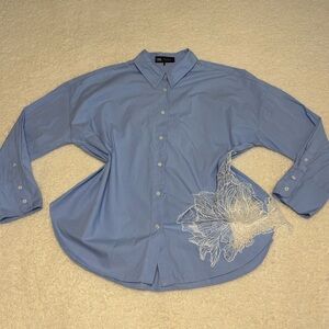 Zara Women Blue Oversized Embroidered Cut Out Button Shirt